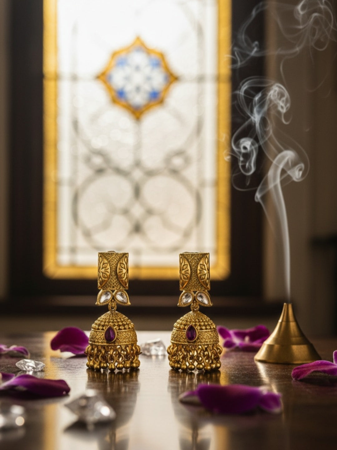 Itrani Gold-Polish finishing Synthetic Kundan & Ruby Drop Jhumka Earrings | Handcrafted Royal Design