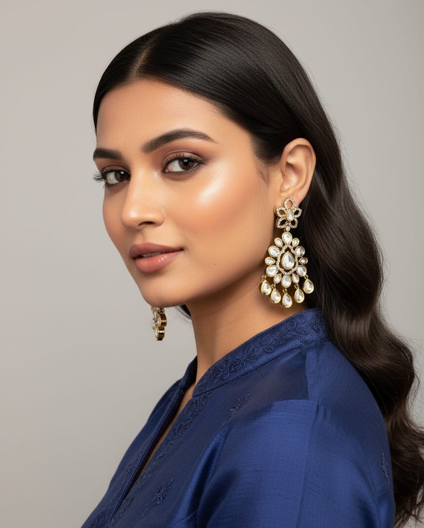 Itrani Luxe Dangling Earrings - Clear Polki Stone Brass Finish