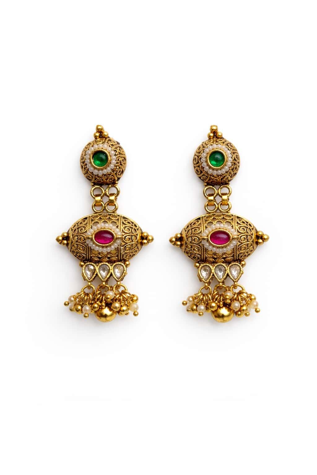 Itrani Heritage Antique Multi-Pendant Temple Brass Necklace Set with Color Stones – Bridal & Festive Jewellery