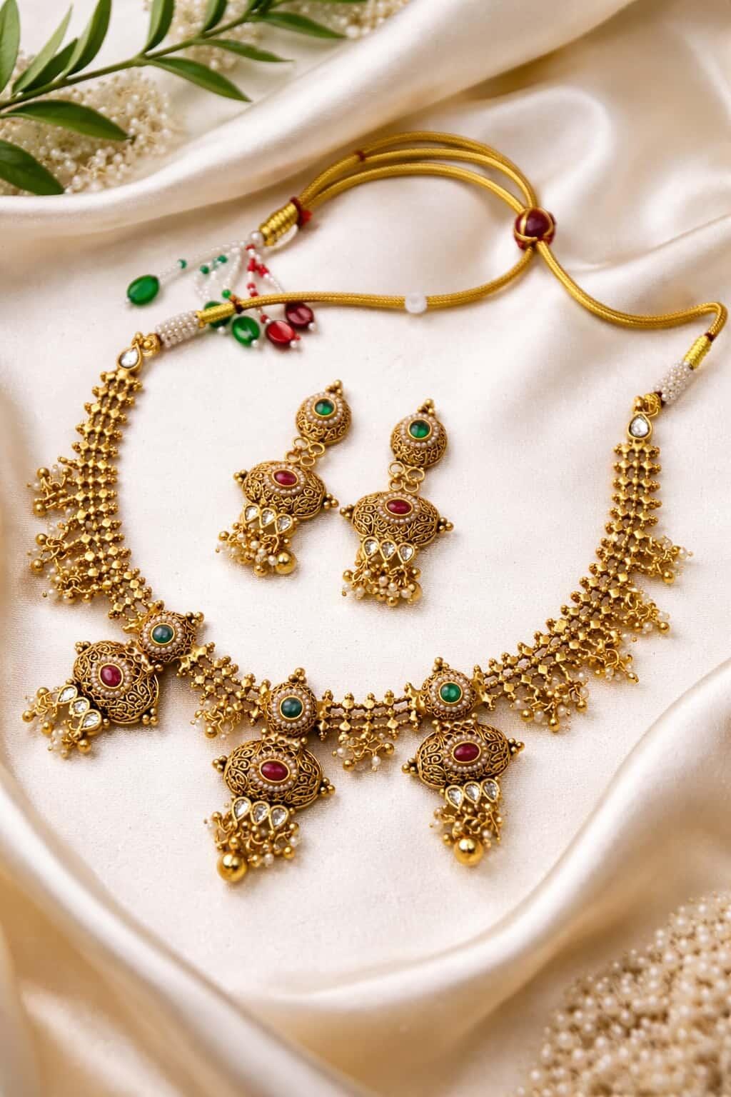 Itrani Heritage Antique Multi-Pendant Temple Brass Necklace Set with Color Stones – Bridal & Festive Jewellery