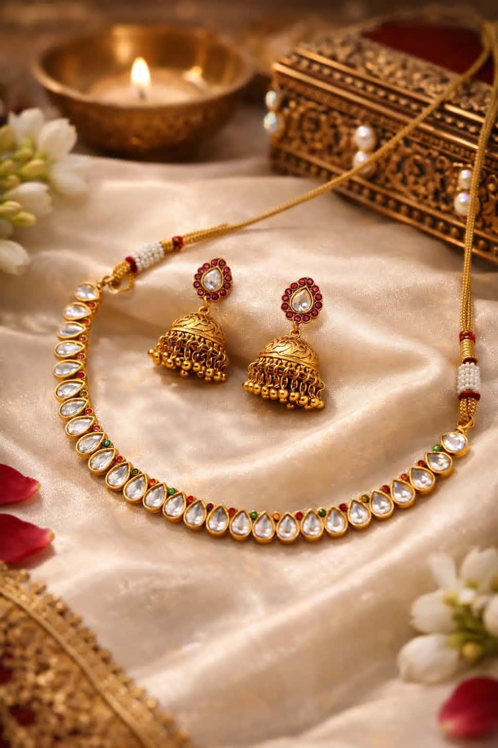 Itrani Traditional Pear Drop Delicate Necklace Set with Jhumka Earrings – Anti-Tarnish Finish