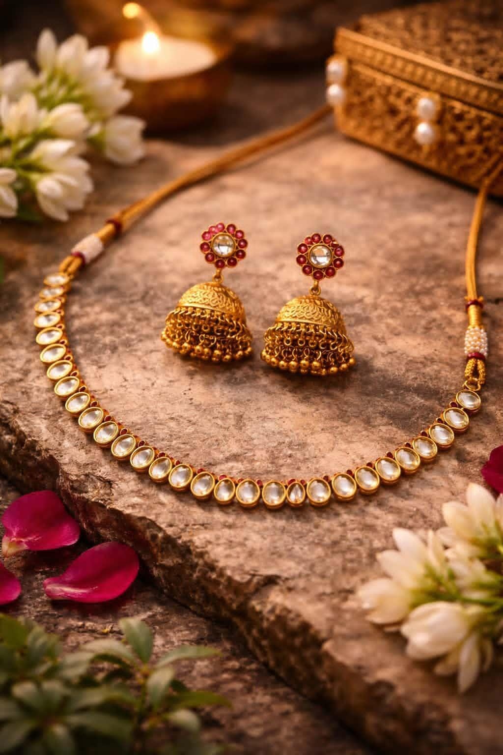 Itrani Heritage Classic Delicate Necklace Set with Jhumka Earrings – Anti Tarnish Traditional Jewellery