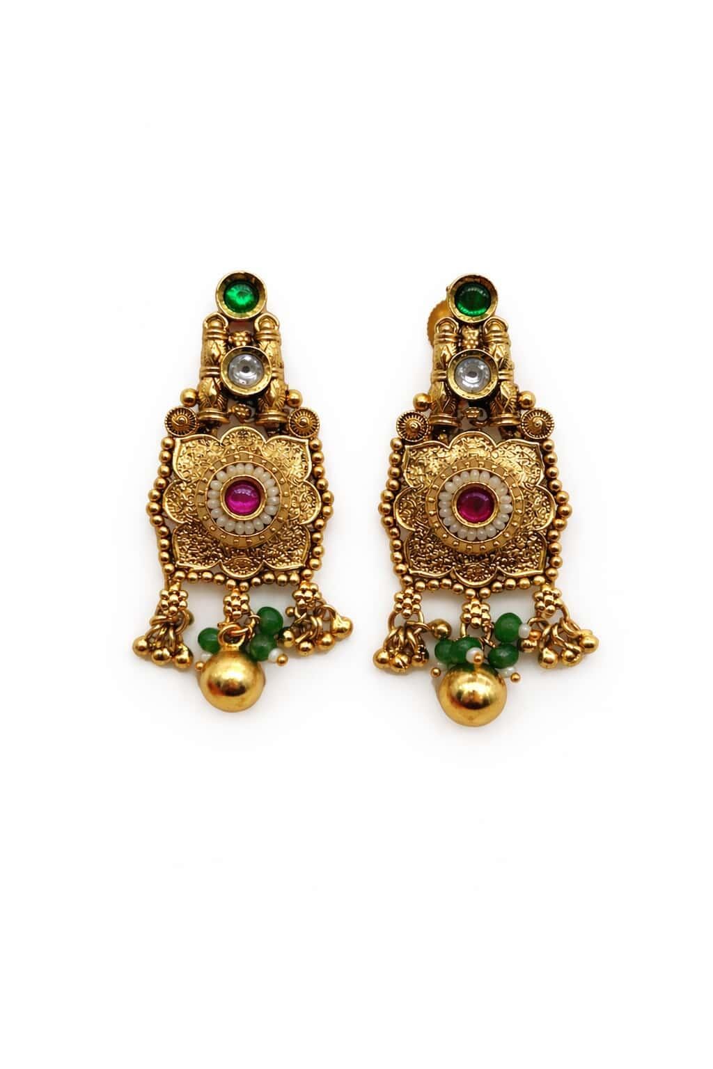 Itrani Heritage Antique Temple Style Brass Pendant Necklace Set with Color Stones – Bridal & Festive Wear