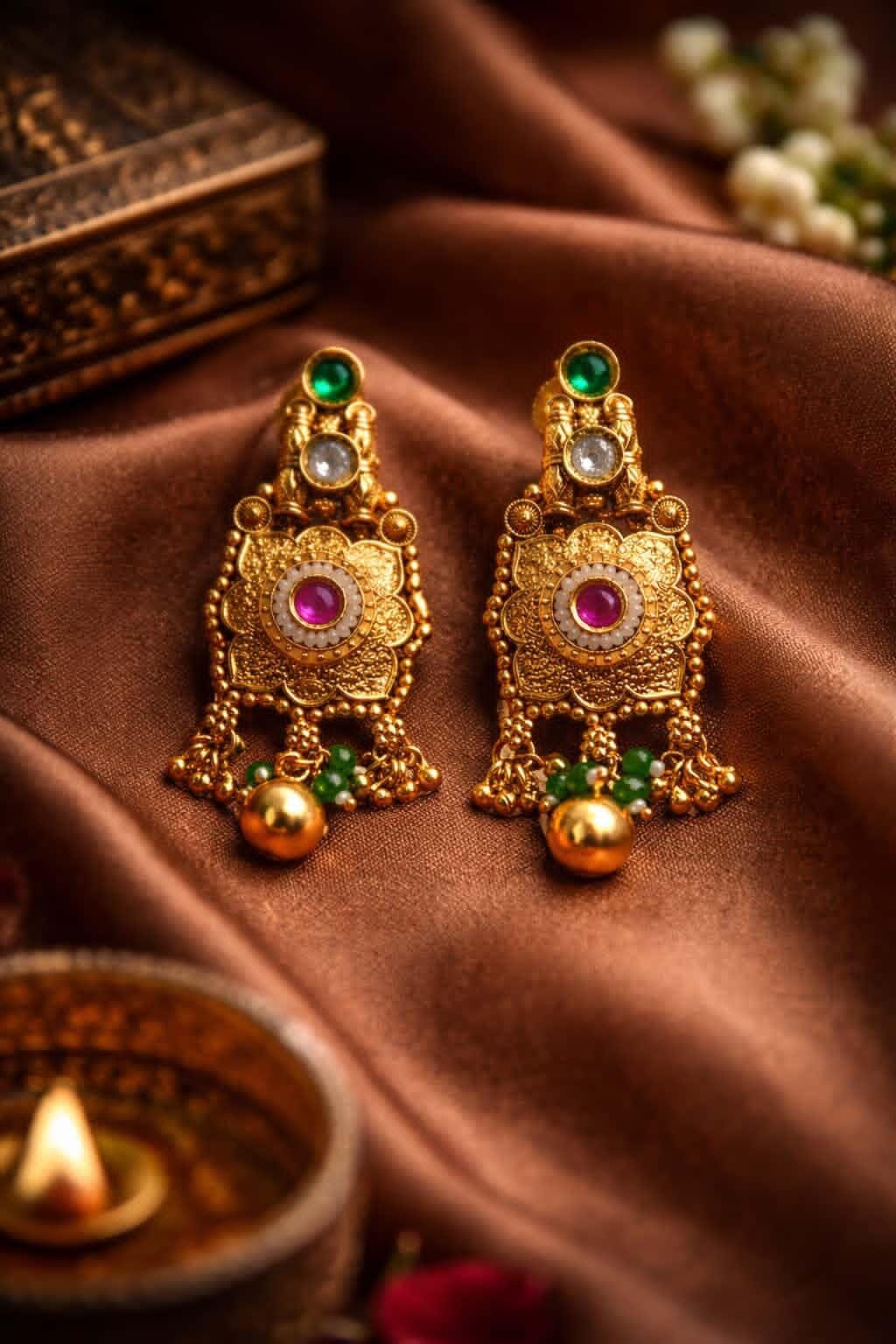Itrani Heritage Antique Temple Style Brass Pendant Necklace Set with Color Stones – Bridal & Festive Wear