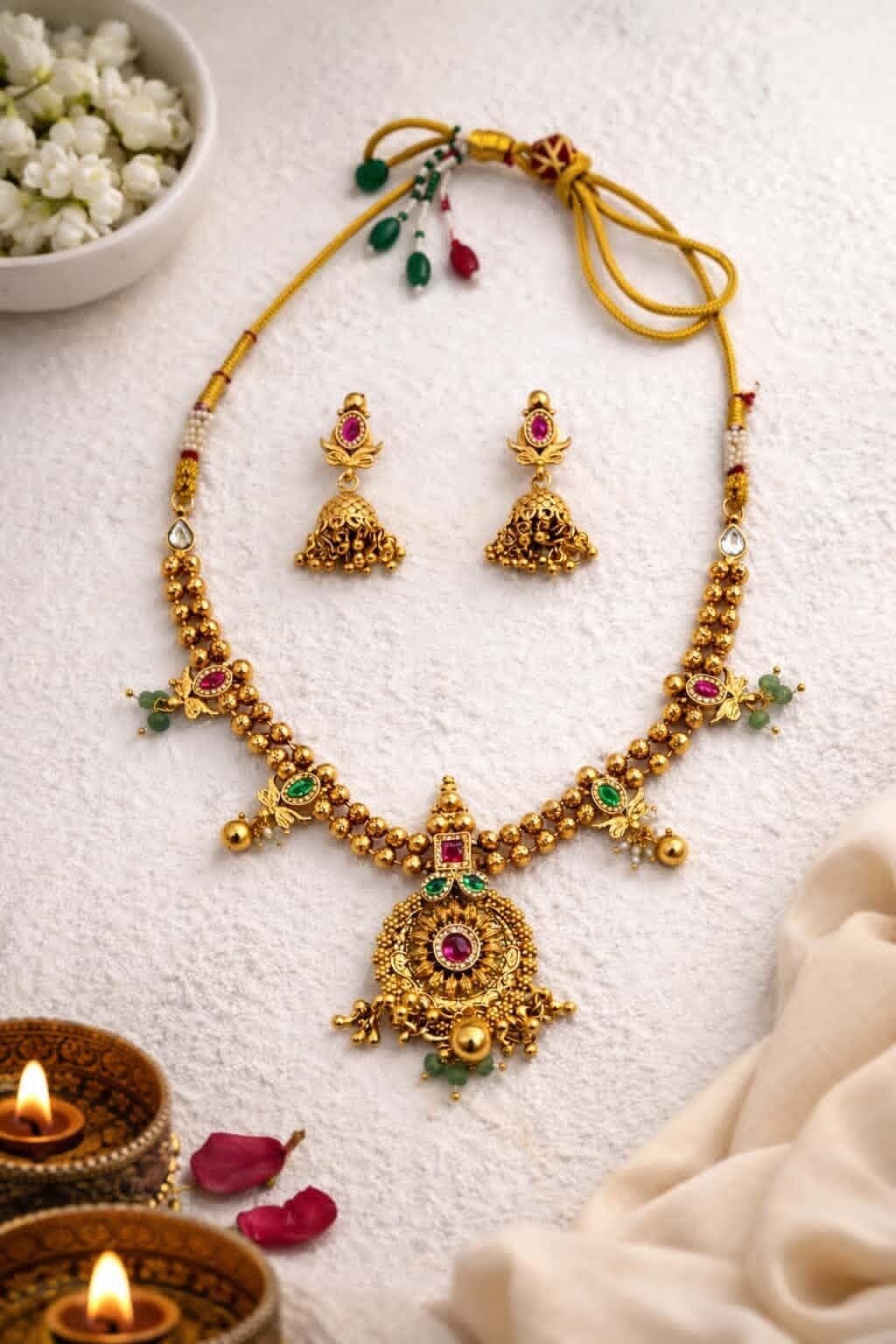 Itrani Heritage Antique Sage Green Motif Pendant Necklace Set with Color Stones – Traditional Bridal Jewellery