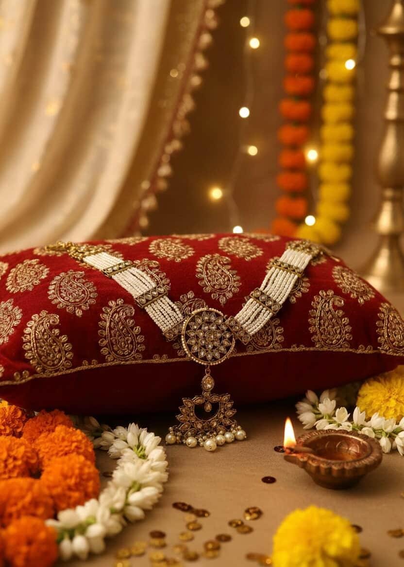 Itrani Royal Pearl Seeshpati With Attached Maangtikka in Anti-Tarnish Brass Reverse AD Stones