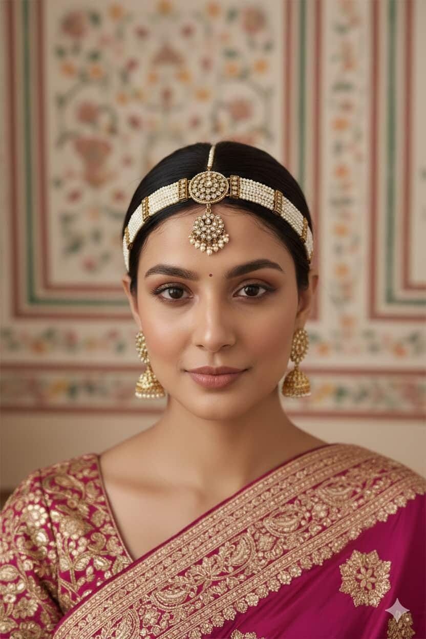 Itrani Royal Pearl Seeshpati With Attached Maangtikka in Anti-Tarnish Brass Reverse AD Stones