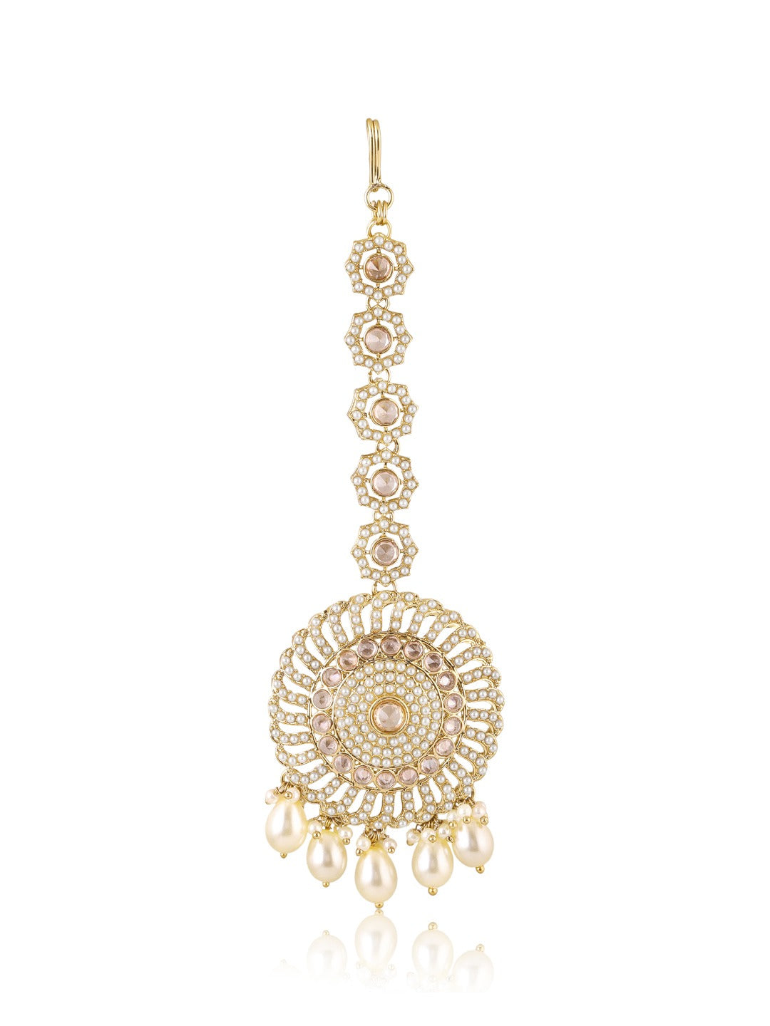 Itrani Regal Punjabi style Pearl Jhumka with Mangtikka and side chain Earring Set