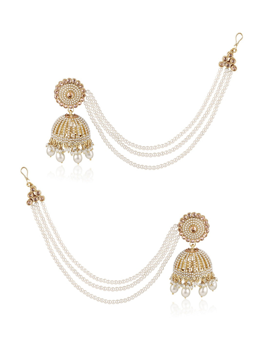 Itrani Regal Punjabi style Pearl Jhumka with Mangtikka and side chain Earring Set