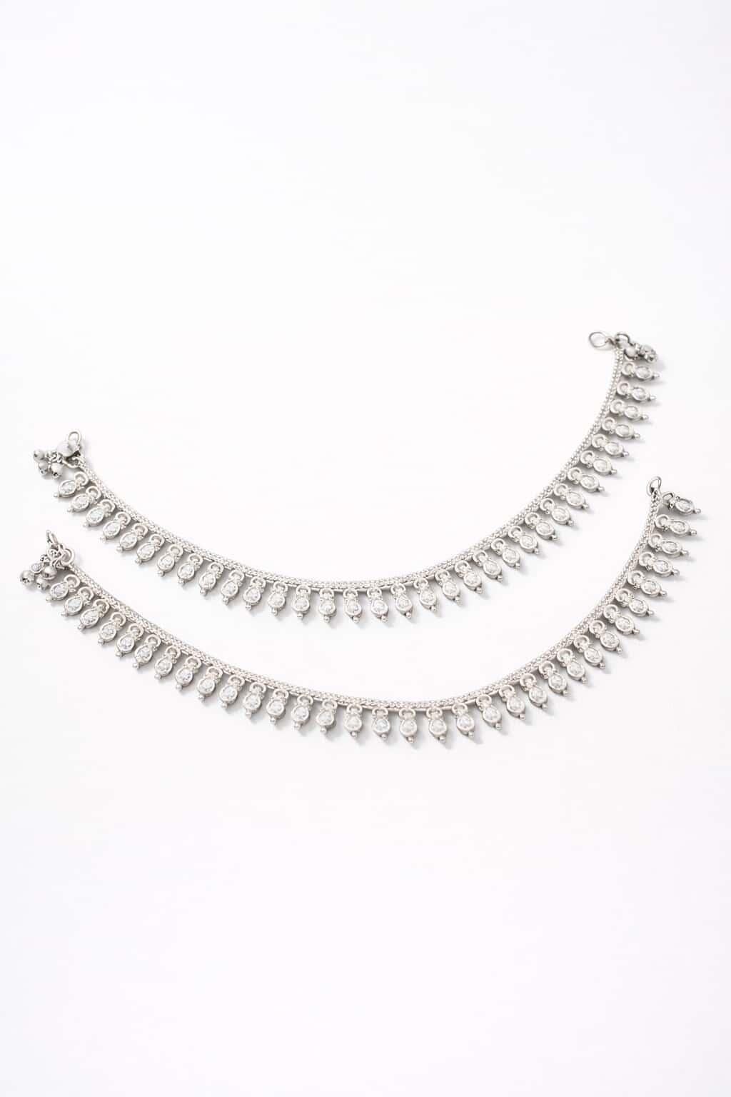 Itrani Elegant Silver Stone Rodium Finishing Anti-Tarnish Payal | Traditional Indian Anklet for Women