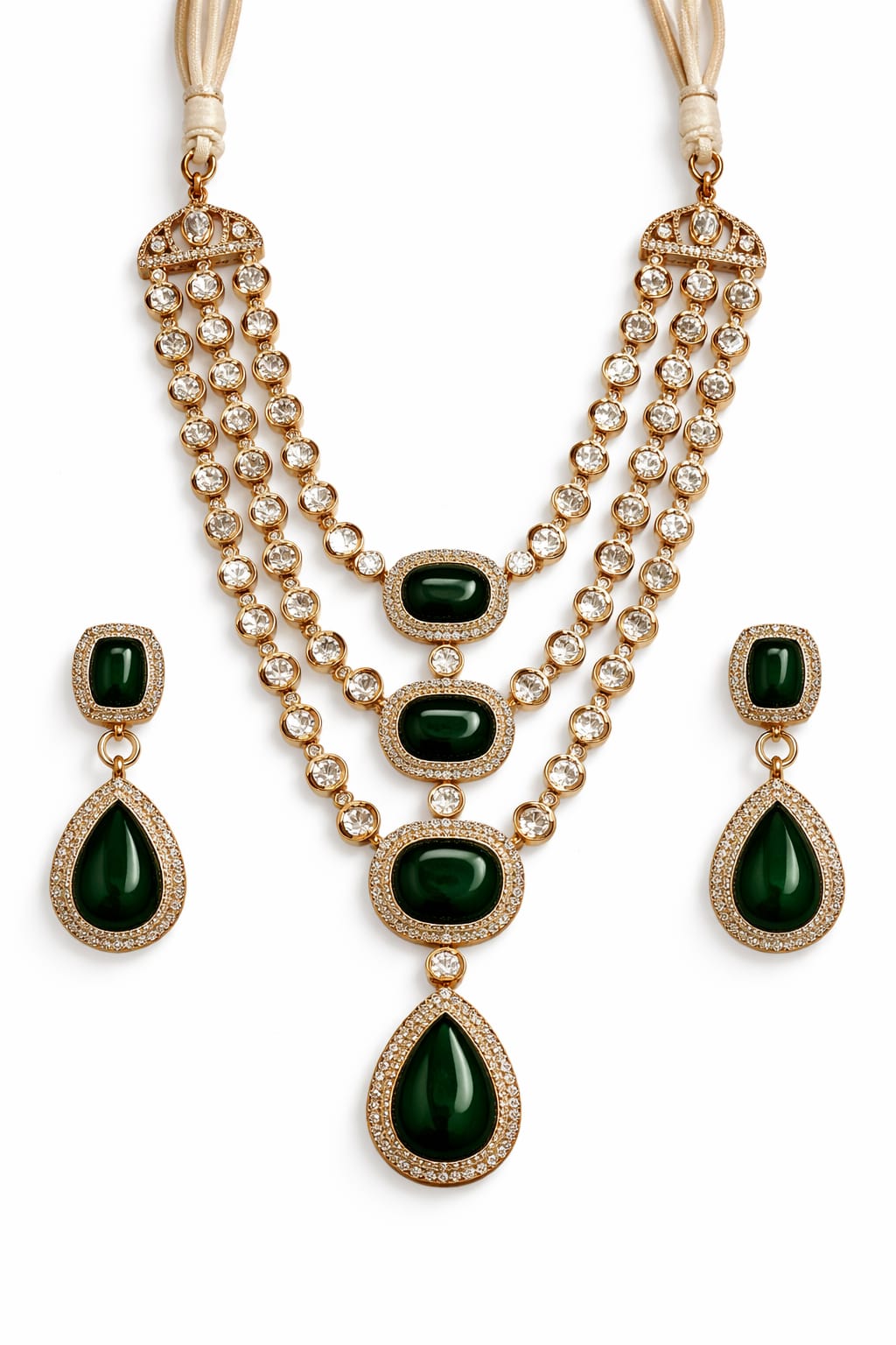 Itrani Maharani Emerald, Ruby Grace Three Layered Long Necklace Set with Beautiful Centre Stones