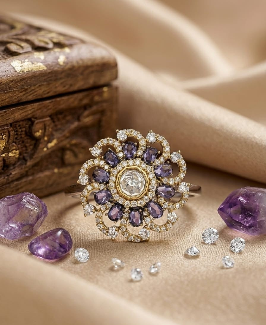 Itrani Lavender and Pink Floral Diamond Style Statement Ring