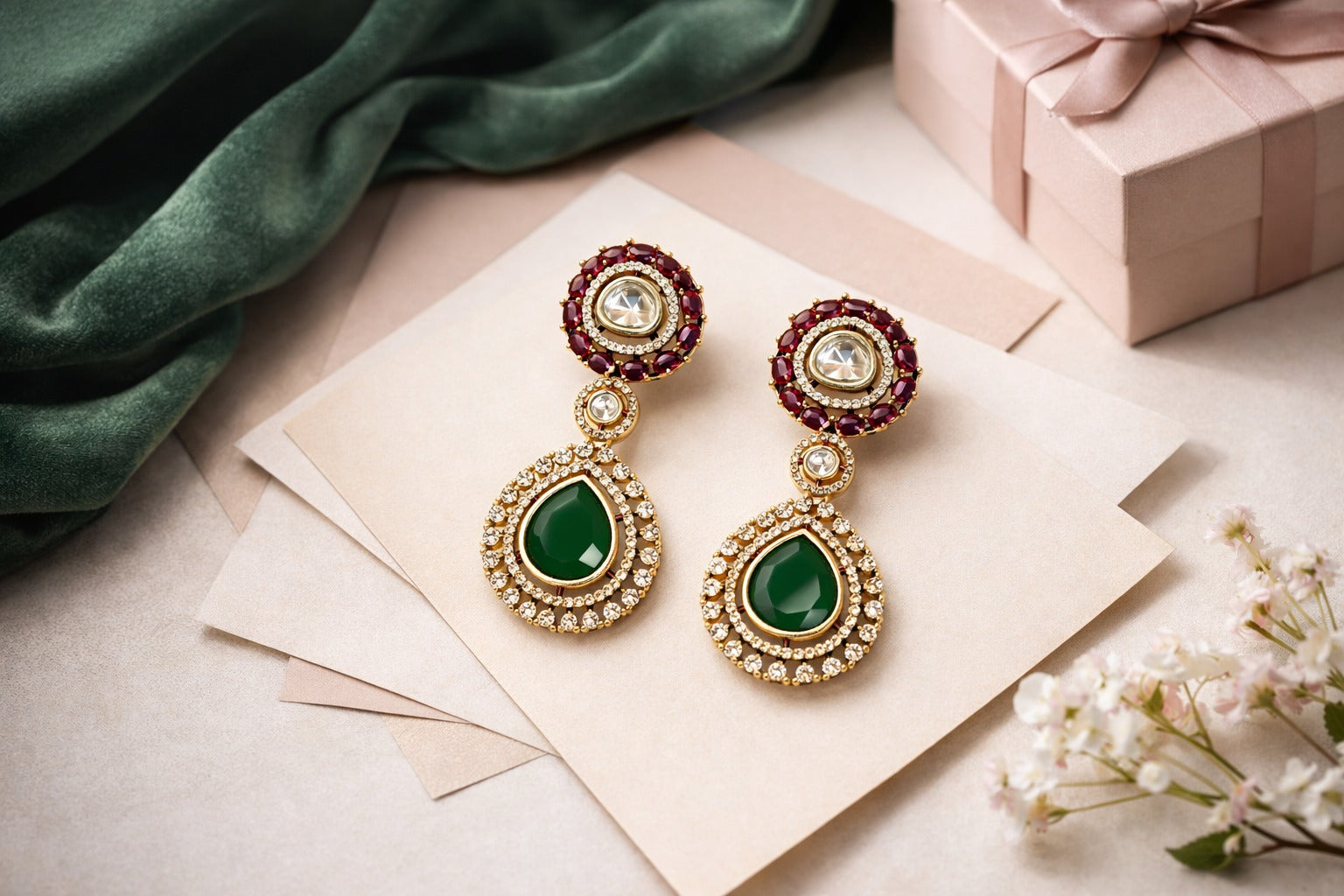 Itrani Uncut Ruby Diamond and Emerald Drop Earrings – Antique Gold Bridal Statement Jewellery