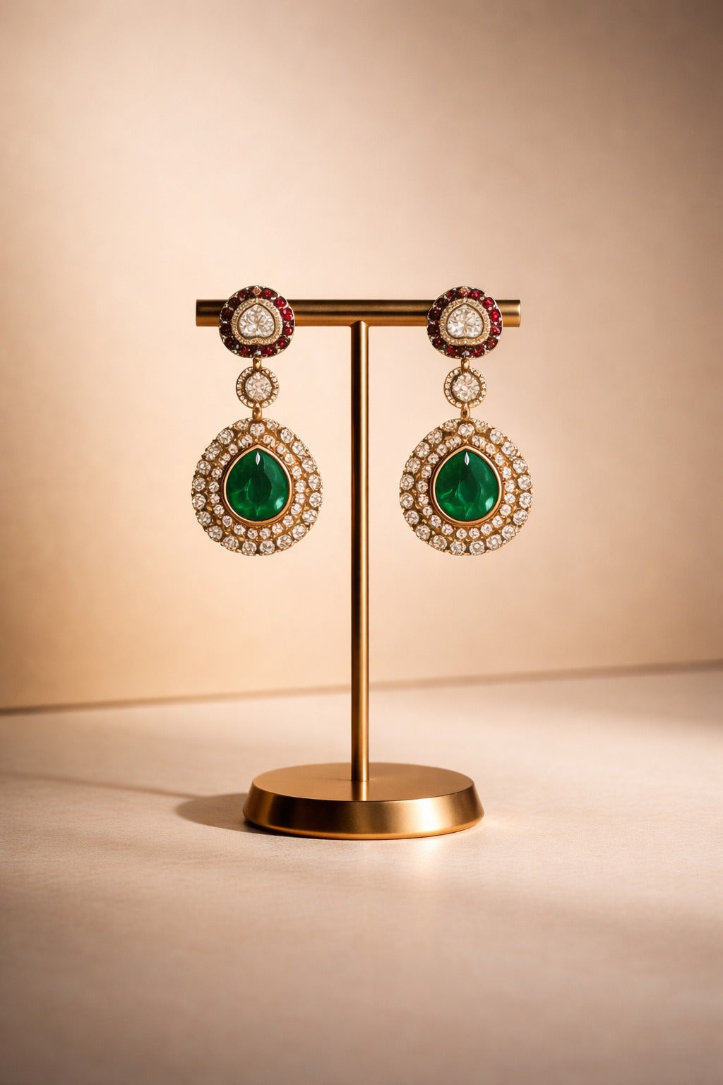 Itrani Uncut Ruby Diamond and Emerald Drop Earrings – Antique Gold Bridal Statement Jewellery