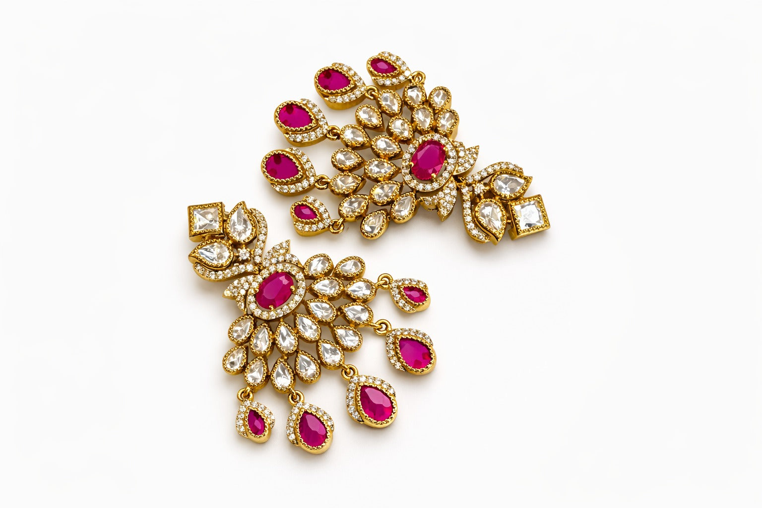 Itrani Ruby And moissanite stone Chand Drop Earrings – Antique Gold Bridal Statement Jewellery