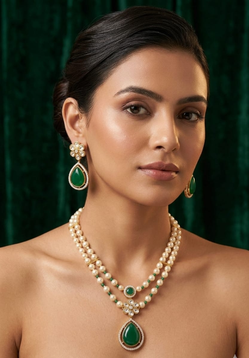 Itrani Emerald Drop, Floral Style Pearl Mala Pendant Set – Anti Tarnish Brass Ethnic Jewellery