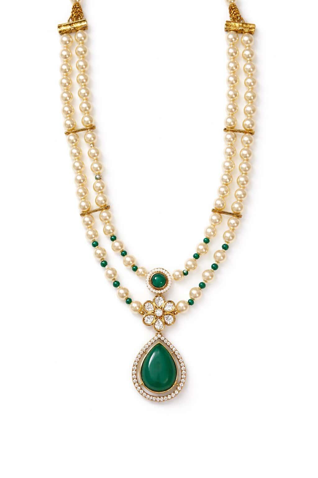 Itrani Emerald Drop, Floral Style Pearl Mala Pendant Set – Anti Tarnish Brass Ethnic Jewellery