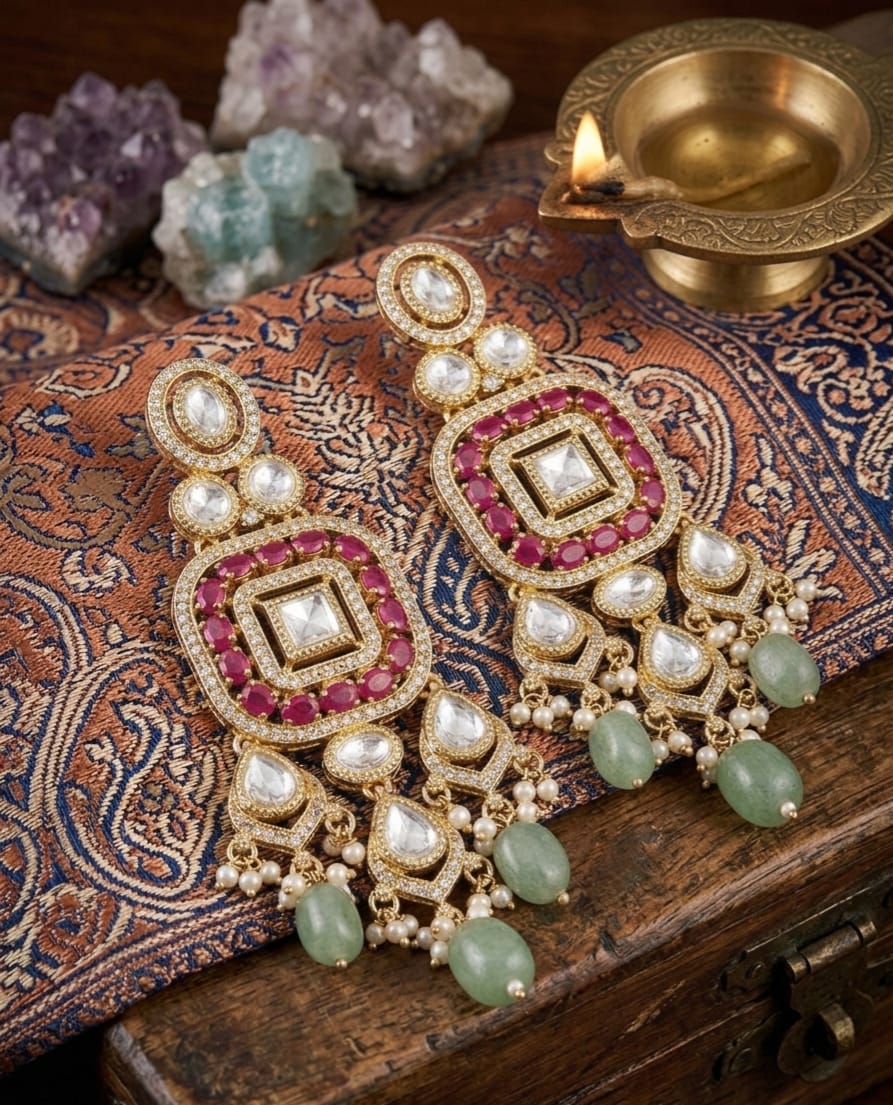 Itrani Regal Ruby and Green Aventurine Pearl Drop Statement Earrings