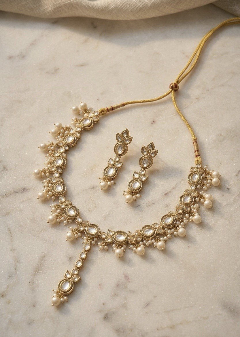 Royal Polki Pearl Drop Necklace Set Clearance