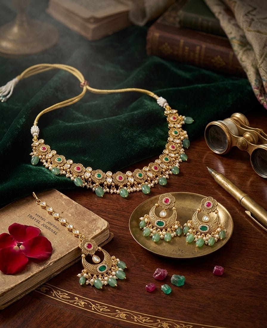 Itrani Heritage Gold Plated Ruby and Green Aventurine Drop Chand Style Mini Bridal Necklace Set