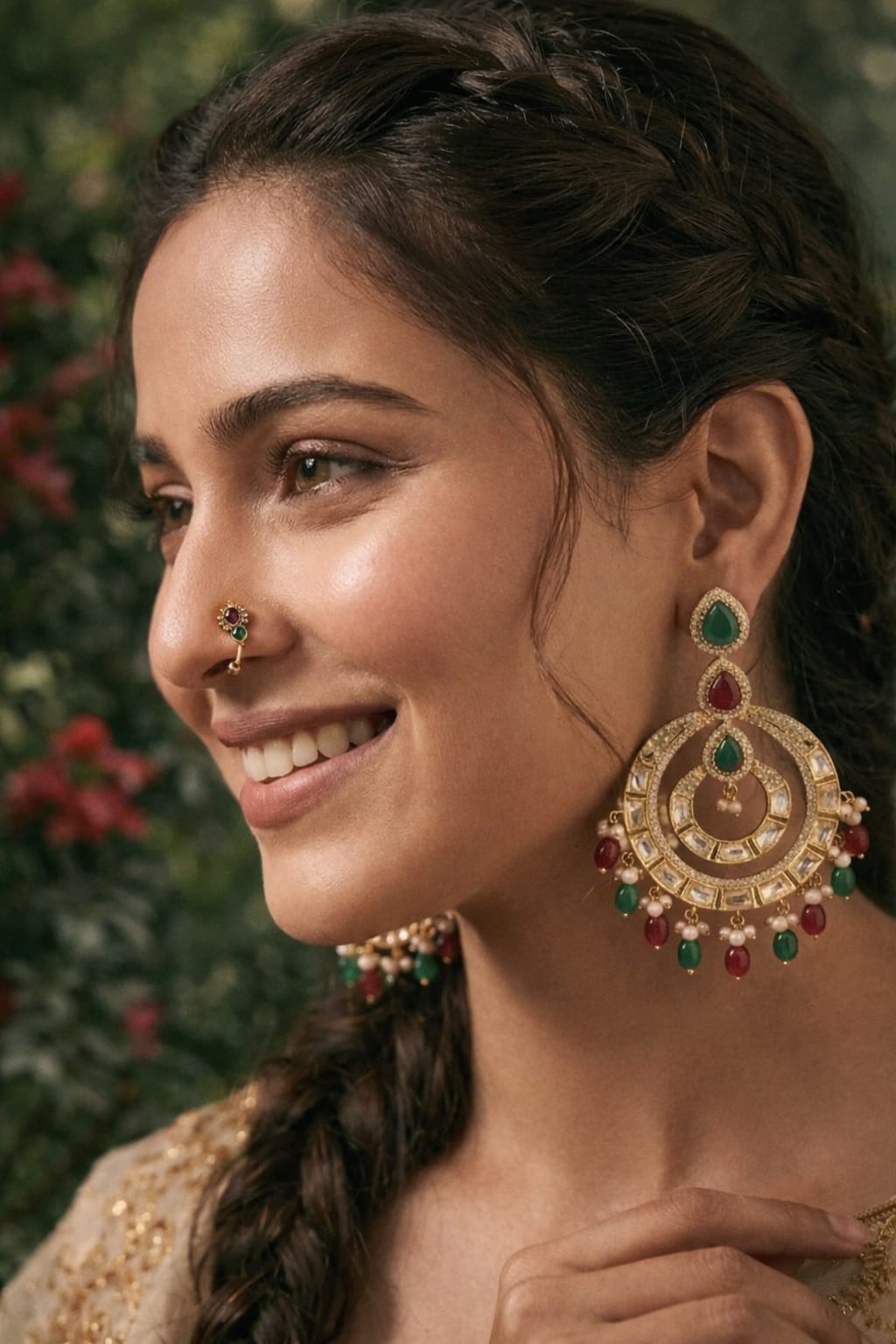 Itrani Royal Navratna Chandbali Double layer Earrings with Multi Colour Pearl Drops – Antique Gold Finish | Anti-Tarnish Brass Jewellery