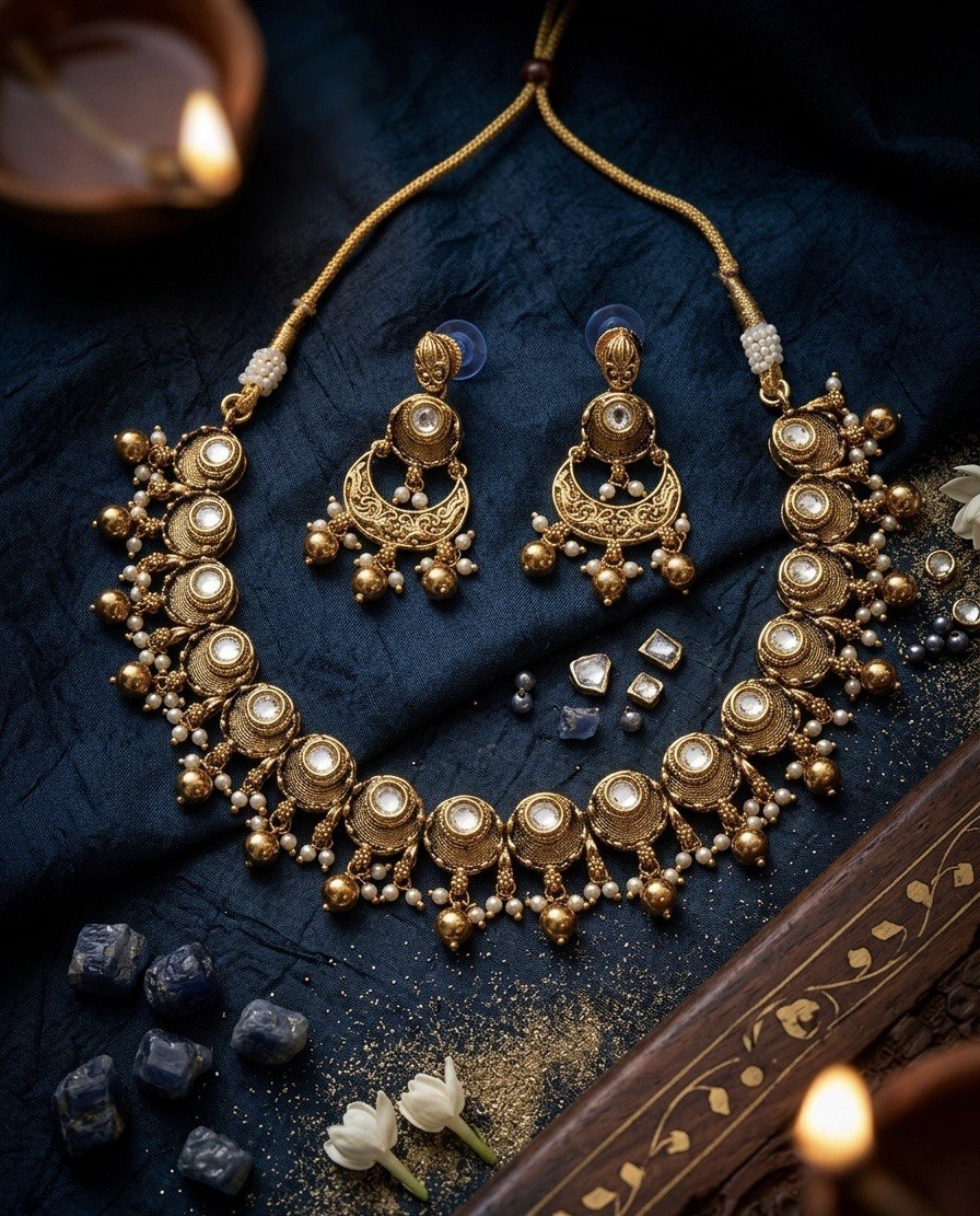 Itrani Heritage Gold Plated Centre Kundan Style Necklace Set – Anti Tarnish Brass Traditional Statement Jewellery