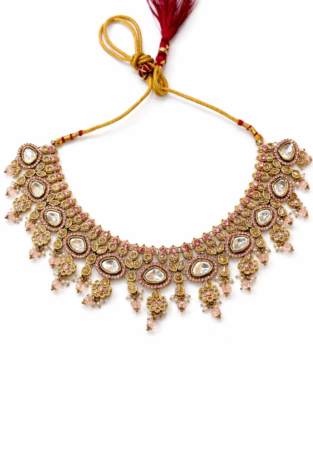 Royal Gold Finish Polki Kundan Necklace Set with Chand Earrings Clearance