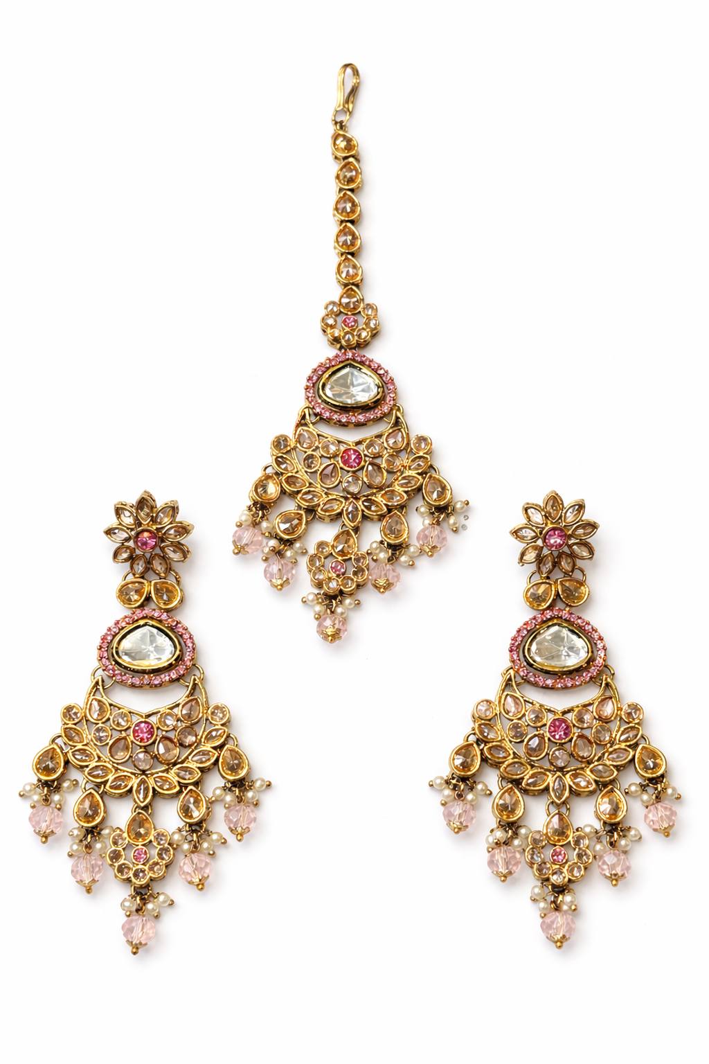 Royal Gold Finish Polki Kundan Necklace Set with Chand Earrings Clearance