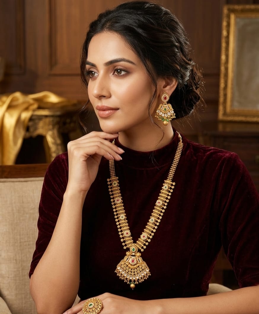 Itrani Royal Gold Heritage Temple style Long Necklace Set