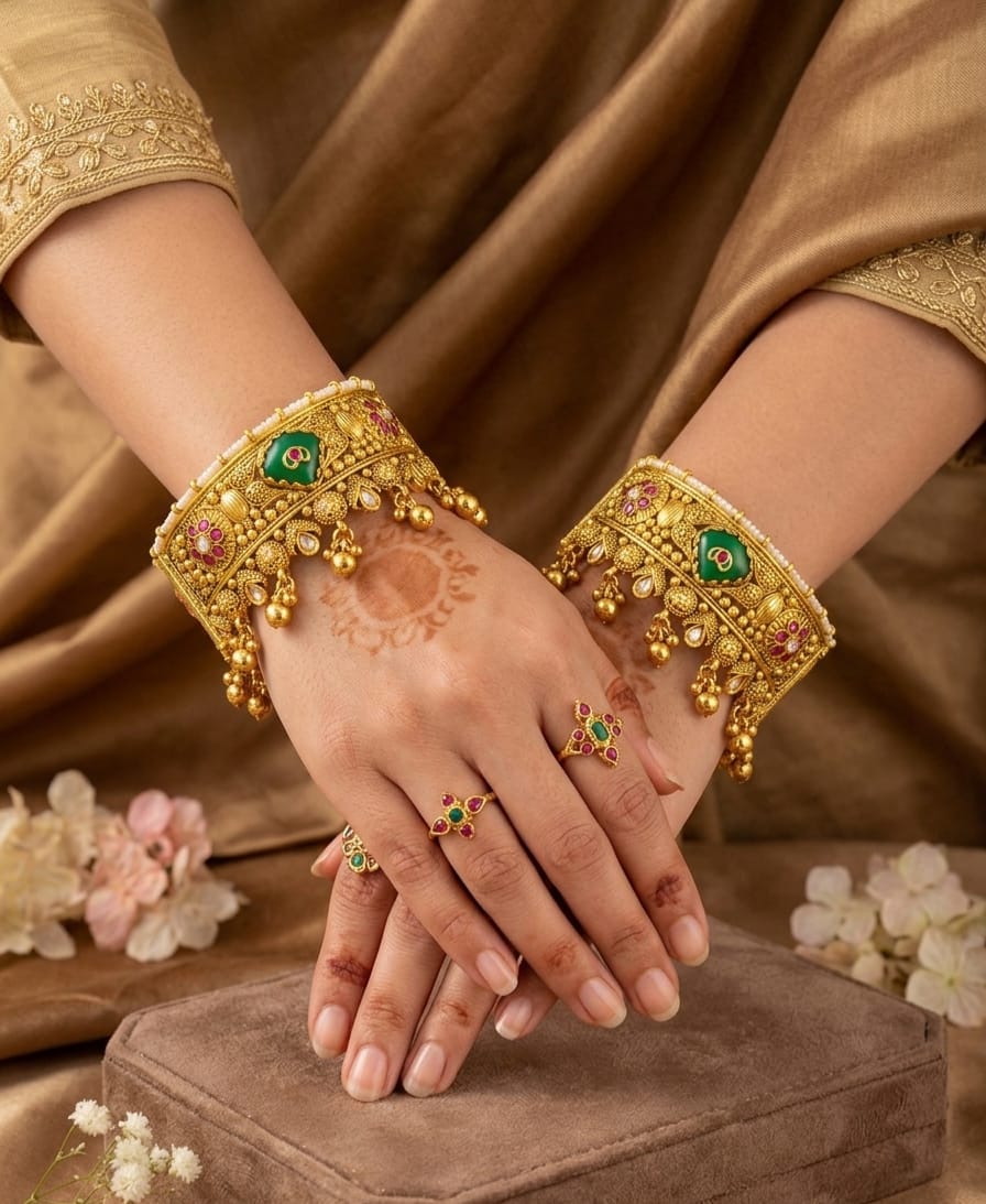 Itrani Rajwada Heritage Emerald, Gold Kada Bangles Set