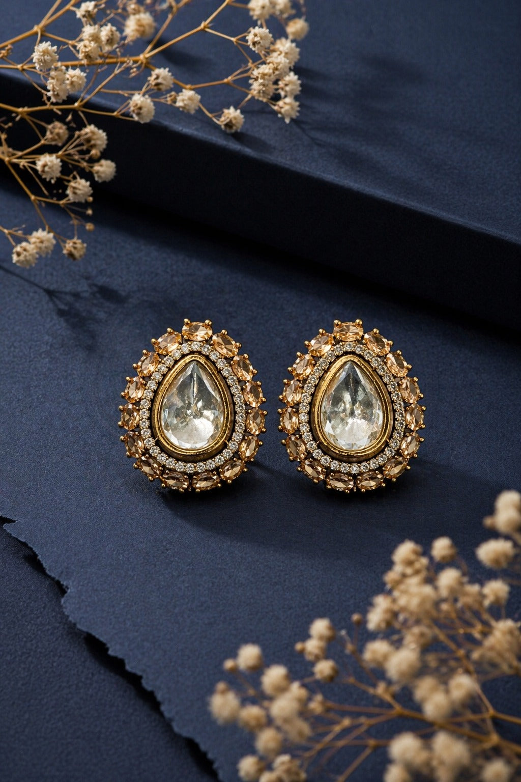 Itrani Indo Western Teardrop Stud Earrings Victorian Style