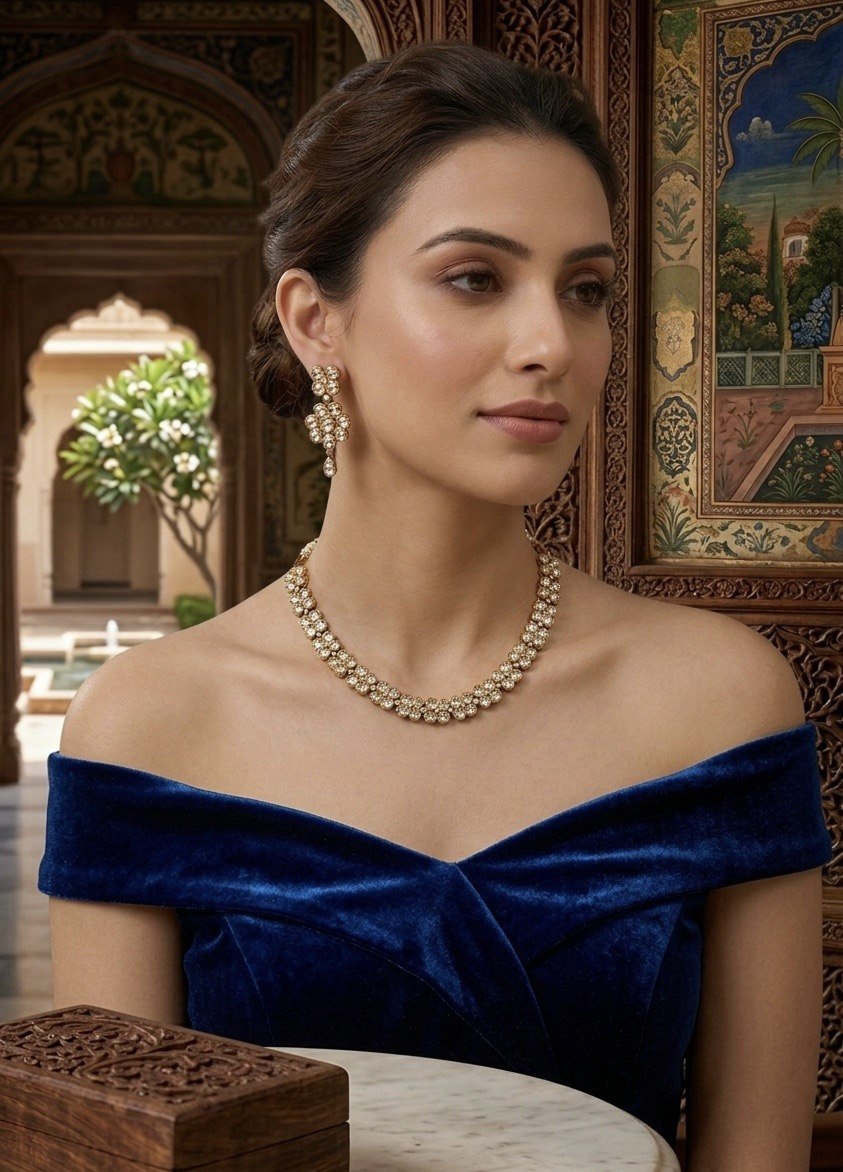 Itrani Floral Charm Clear Polki Stone Necklace Set