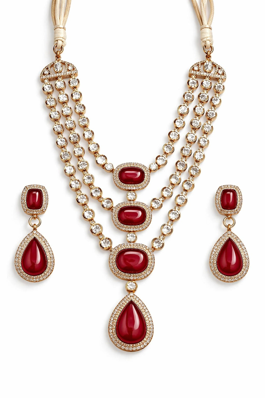 Itrani Maharani Emerald, Ruby Grace Three Layered Long Necklace Set with Beautiful Centre Stones