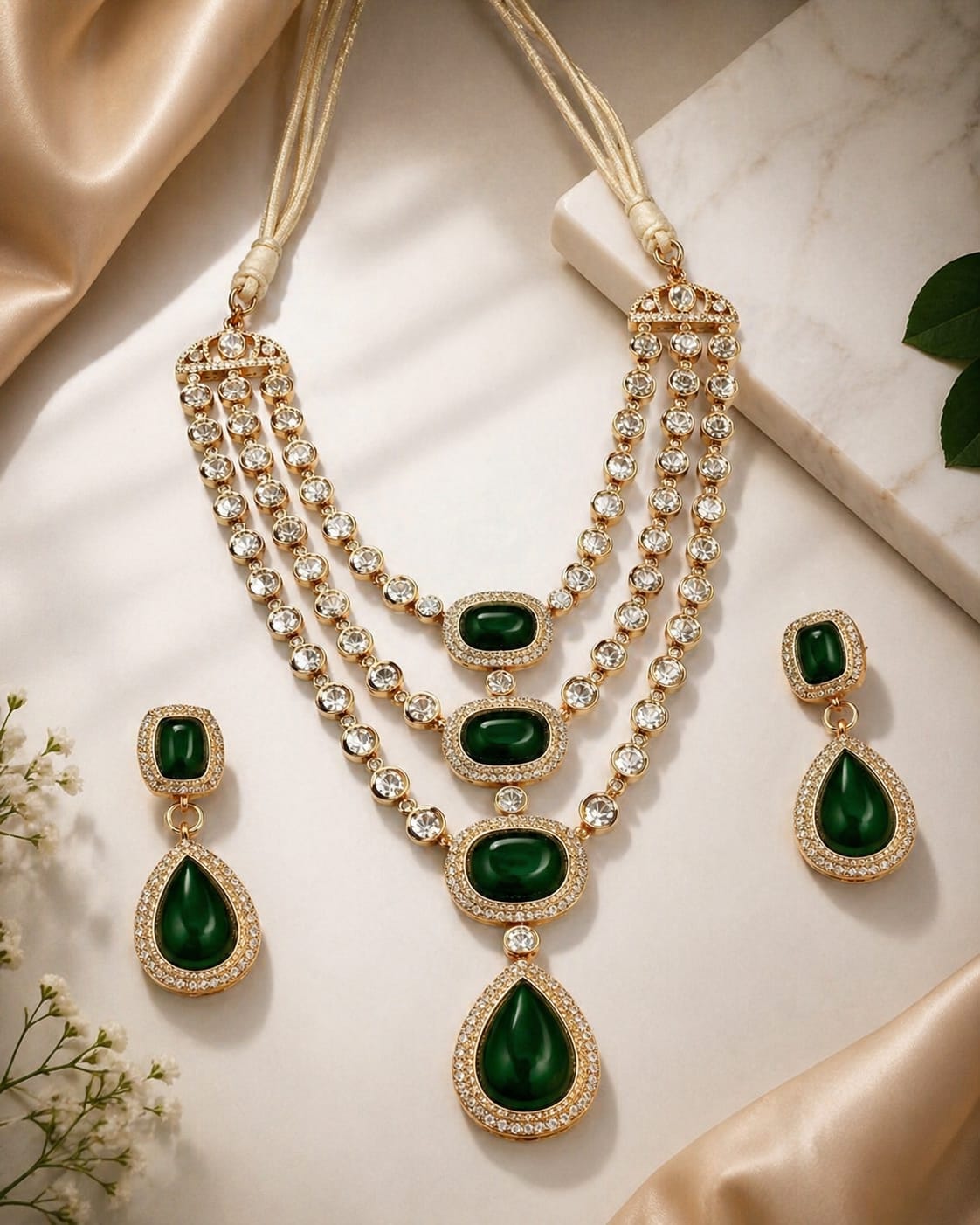 Itrani Maharani Emerald, Ruby Grace Three Layered Long Necklace Set with Beautiful Centre Stones