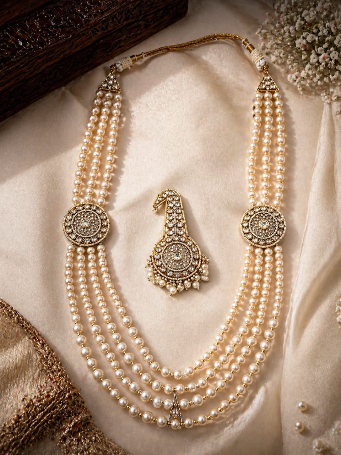 Itrani Royal Pearl and Polki Stone Groom Mala (Sherwani Mala) with Kalgi ( Turban Brooch )