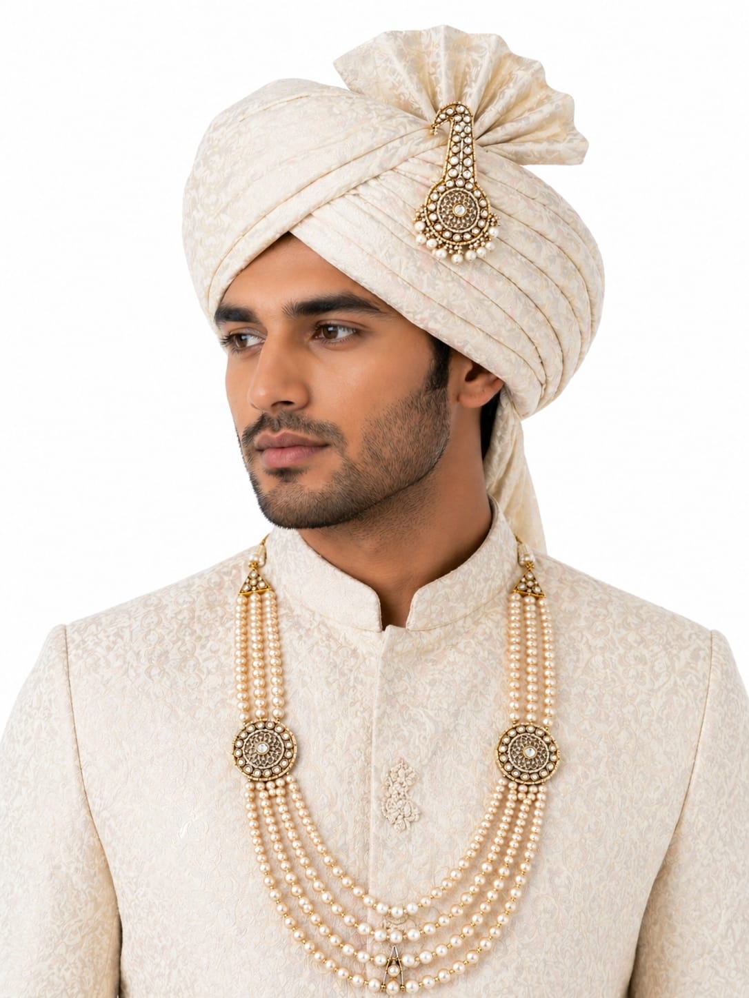 Itrani Royal Pearl and Polki Stone Groom Mala (Sherwani Mala) with Kalgi ( Turban Brooch )