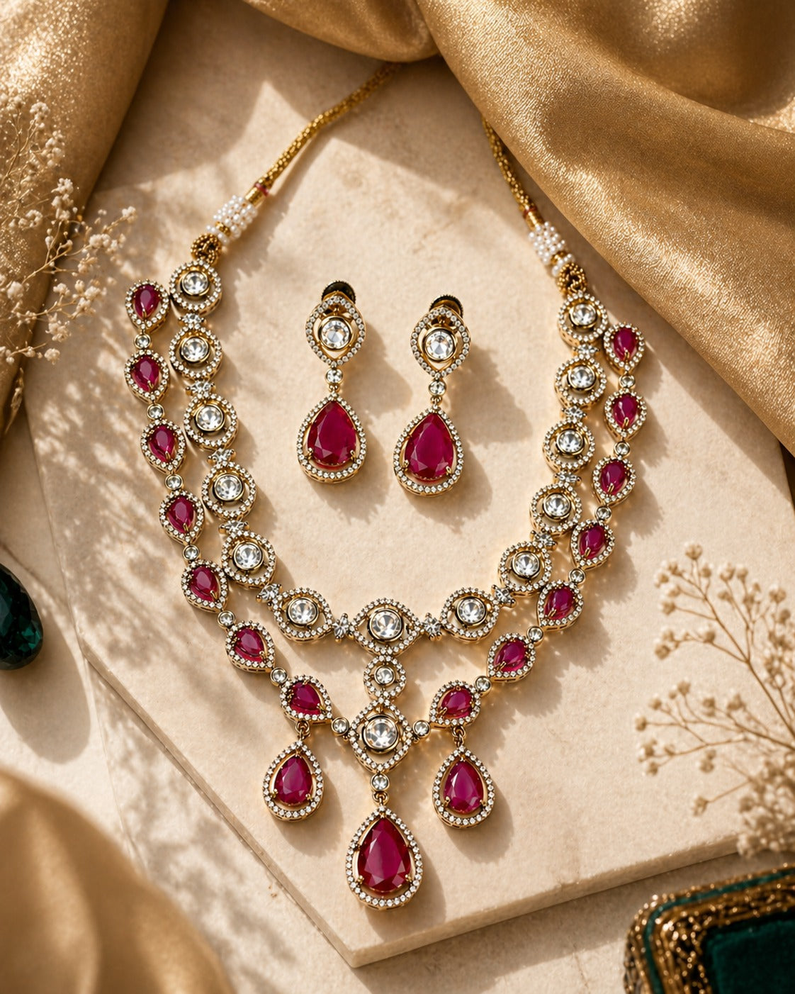 Itrani Amber Glow Dual Layer Multi Colour, Crystal, Double -8 Diamond Necklace Set