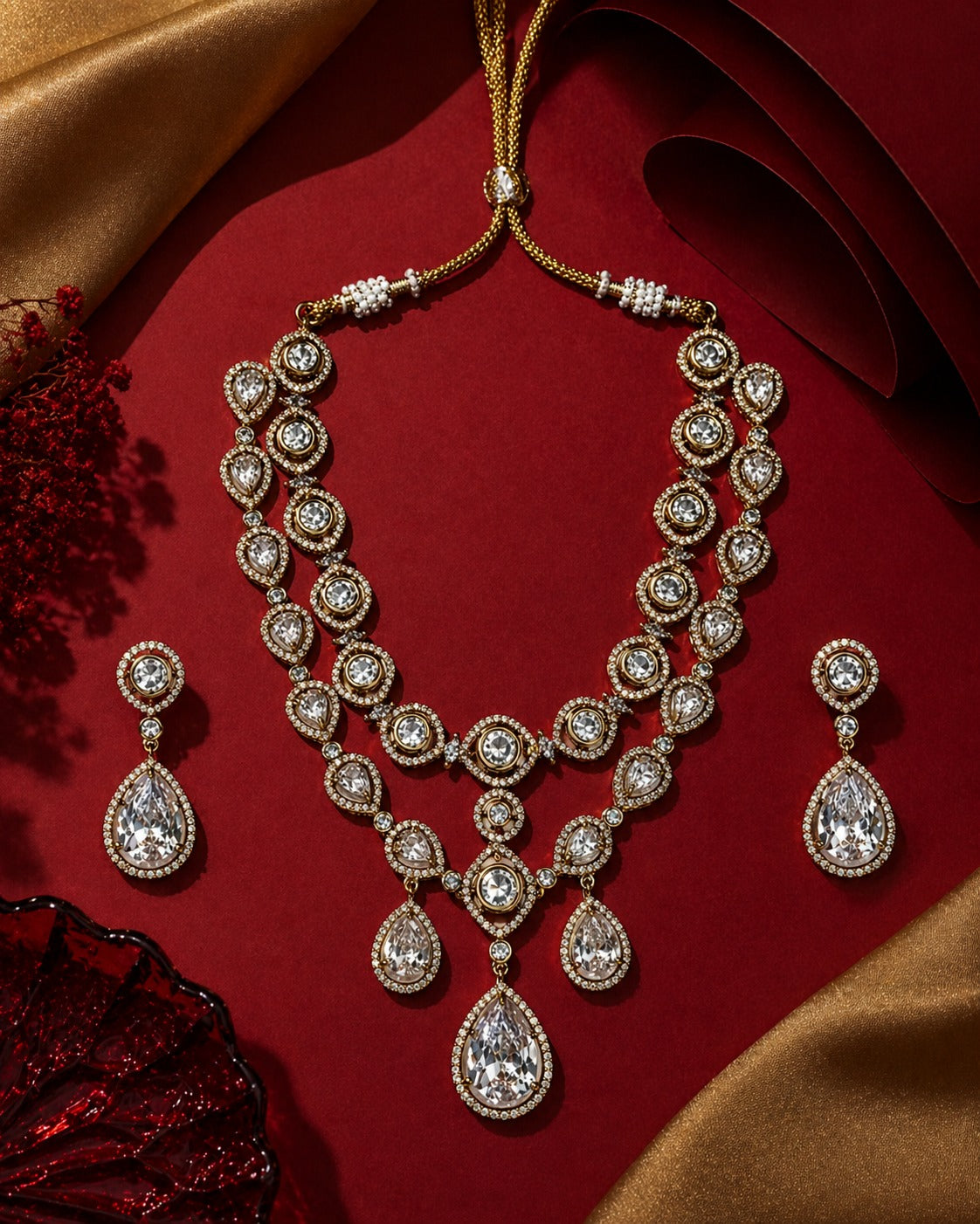 Itrani Amber Glow Dual Layer Multi Colour, Crystal, Double -8 Diamond Necklace Set