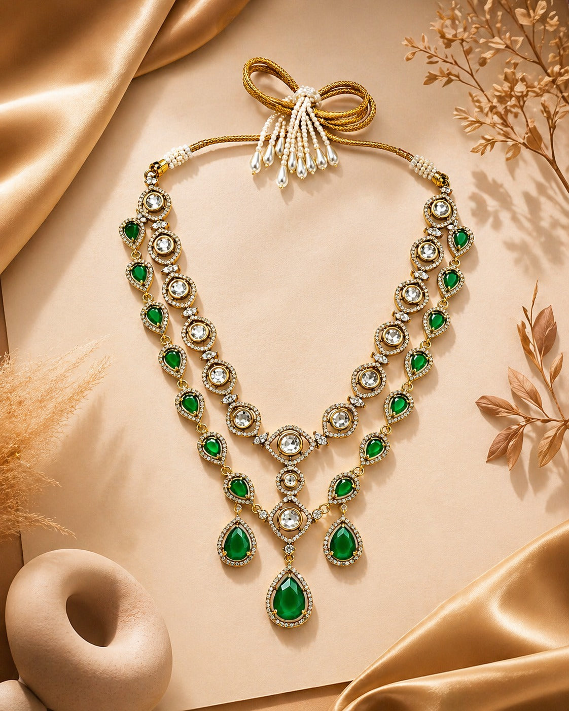 Itrani Amber Glow Dual Layer Multi Colour, Crystal, Double -8 Diamond Necklace Set