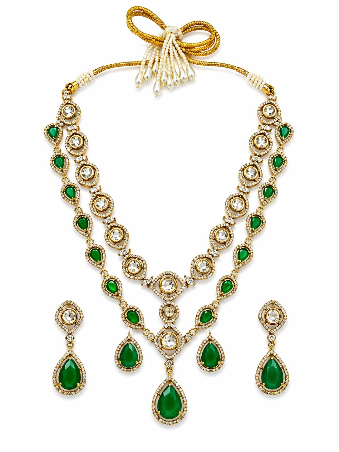 Itrani Amber Glow Dual Layer Multi Colour, Crystal, Double -8 Diamond Necklace Set