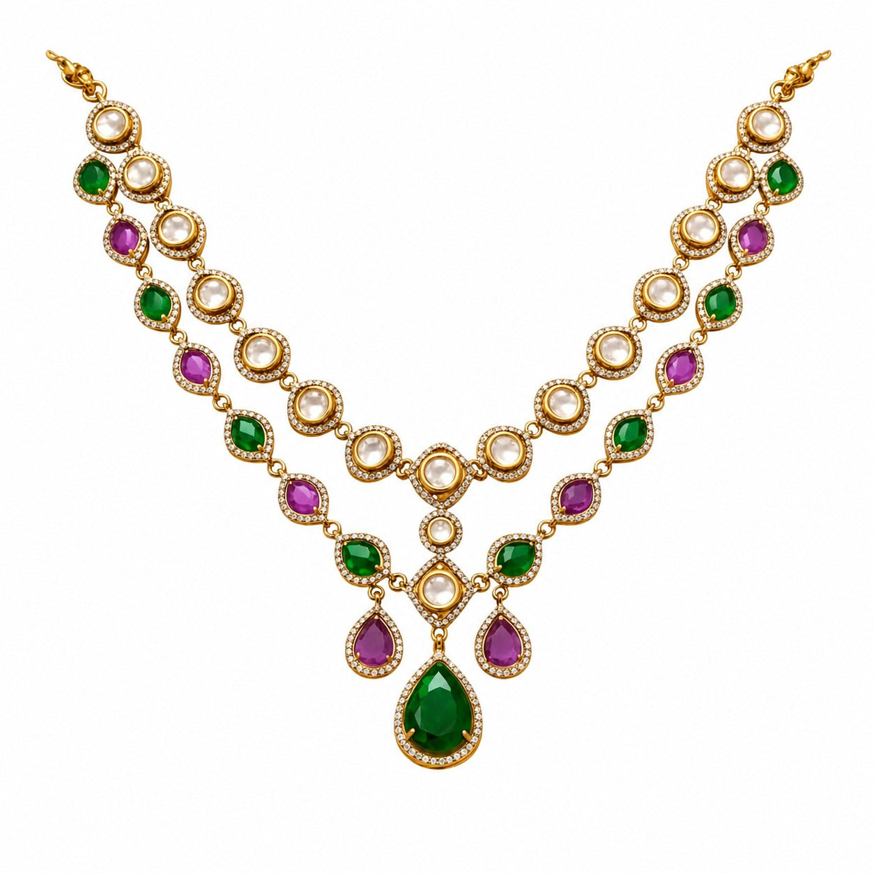Itrani Amber Glow Dual Layer Multi Colour, Crystal, Double -8 Diamond Necklace Set