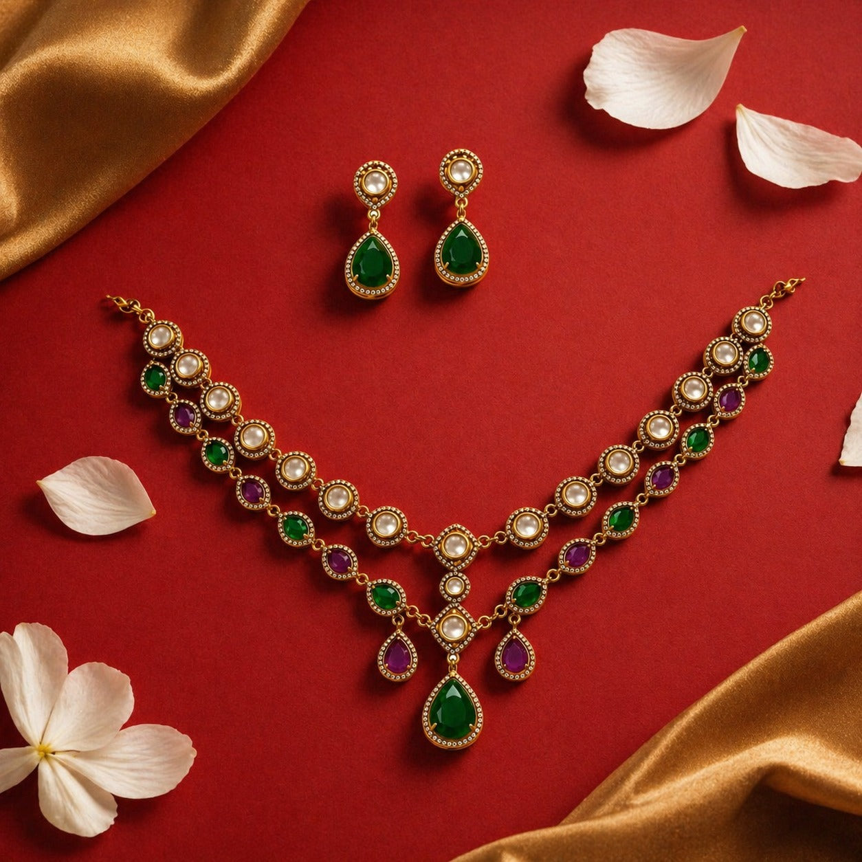 Itrani Amber Glow Dual Layer Multi Colour, Crystal, Double -8 Diamond Necklace Set