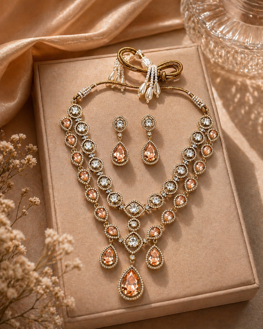Itrani Amber Glow Dual Layer Multi Colour, Crystal, Double -8 Diamond Necklace Set