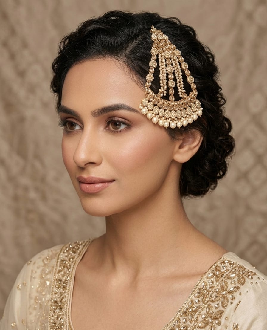 Itrani Oyal Gold Finish Passa with Pearl Droplets & Reverse American Diamonds