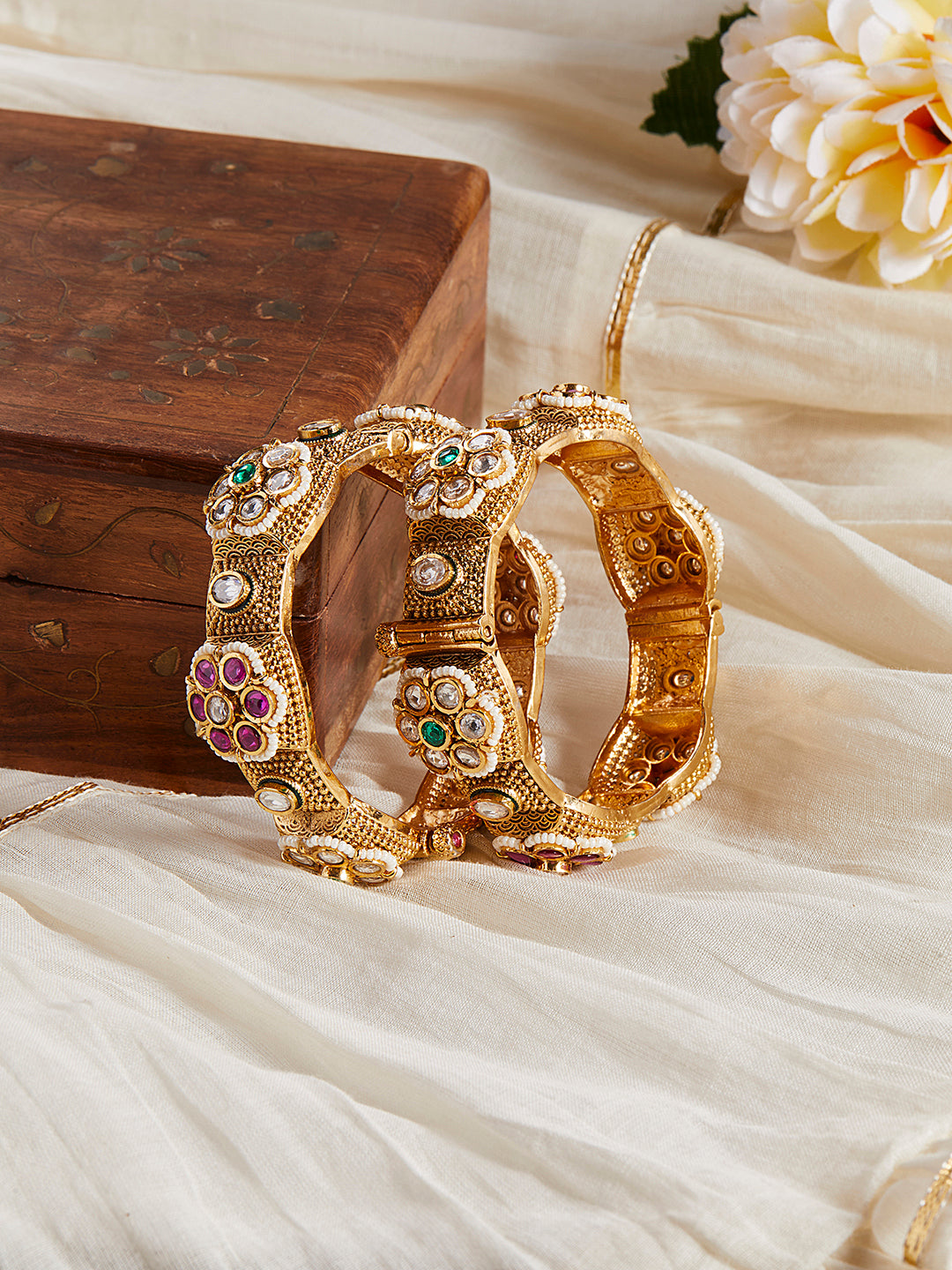 Itrani Rajwadi Gold Finish Brass Bangles with Ruby & Emerald Stones