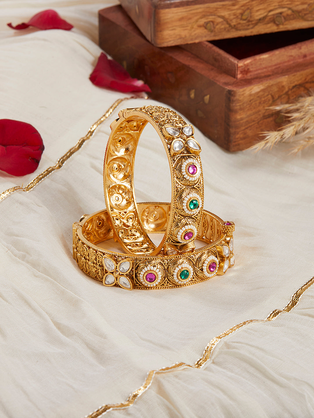Itrani Rajwadi Regal Polki Bangles with Kidiya Moti and Emerald Ruby Accents