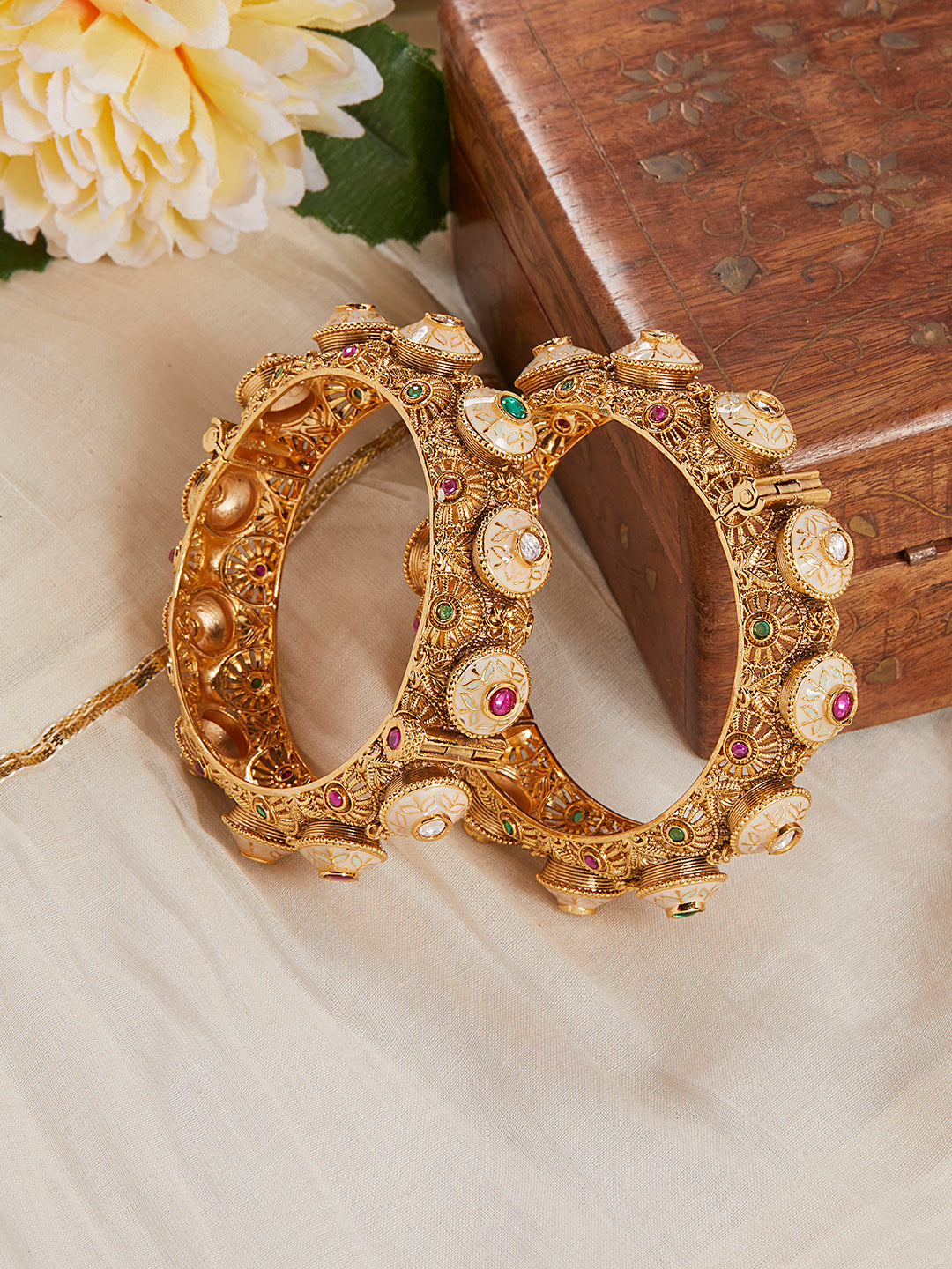 Itrani Rajwadi Polki Brass Bangles with Minakari & Gemstone Detailing