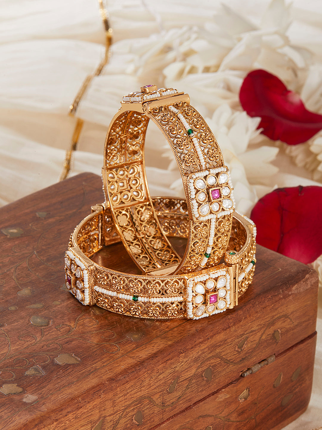 Itrani Rajwadi Heritage Gold Bangles with Emerald Ruby Stones