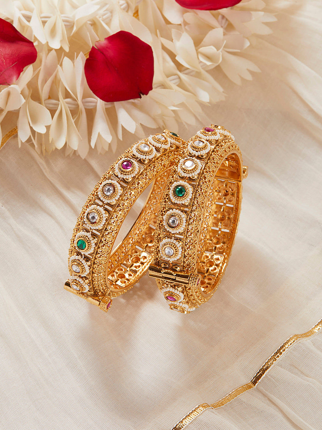 Itrani Rajwadi Brass Bangles with Gold Finish and Ruby-Emerald Detailing