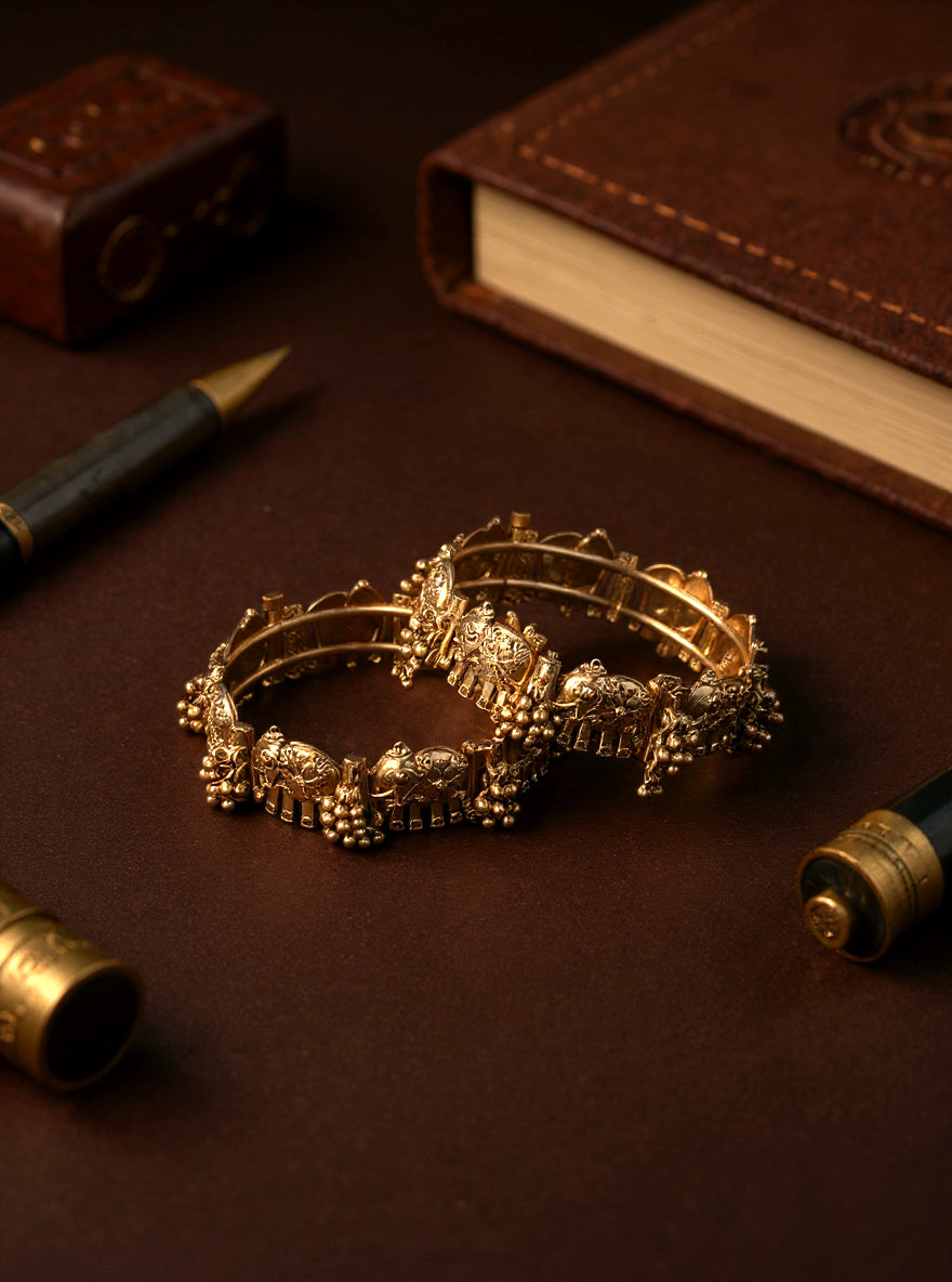 Itrani Temple Motif Antique Gold Brass with Elephant Design Bangles – Ethnic Statement Jewelry